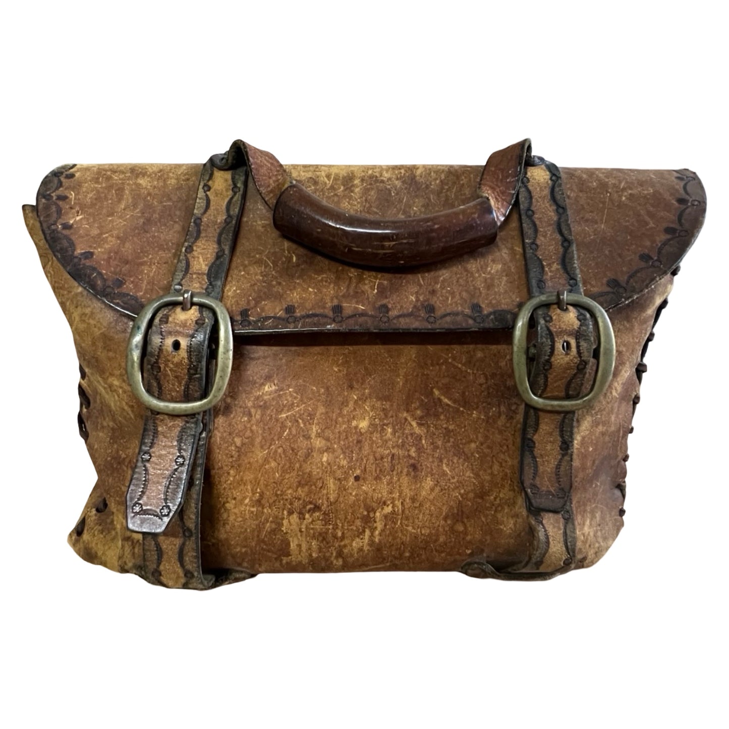 Vintage 70’s Large Handmade Tooled Leather Satchel Brass Hardware