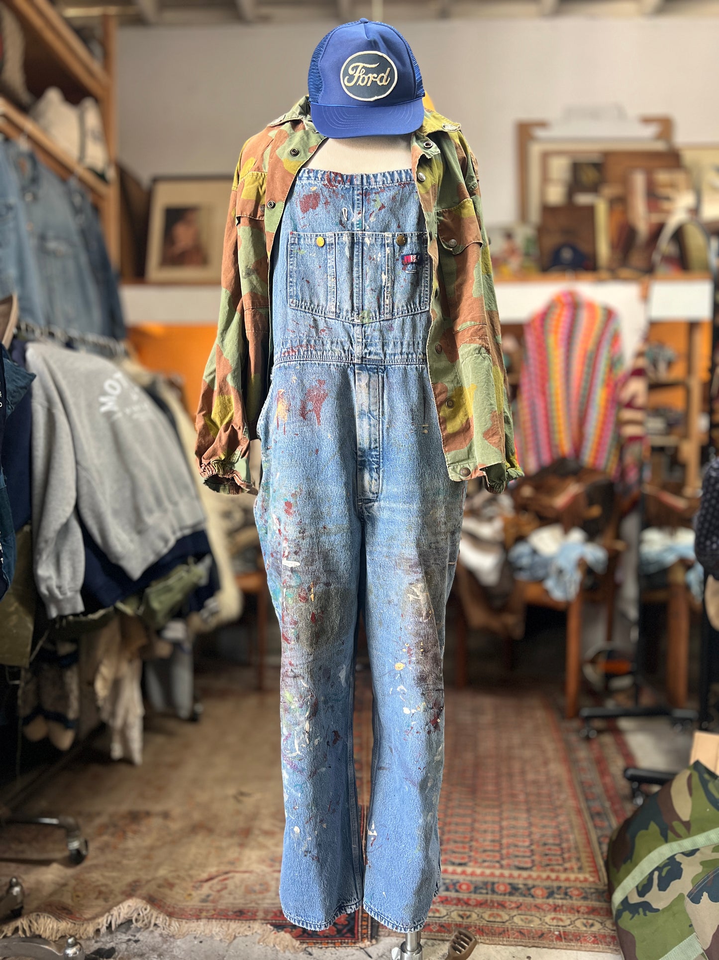 Vintage USA Works One Of A Kind Flannel Lined Distressed Painted Oversized Overalls