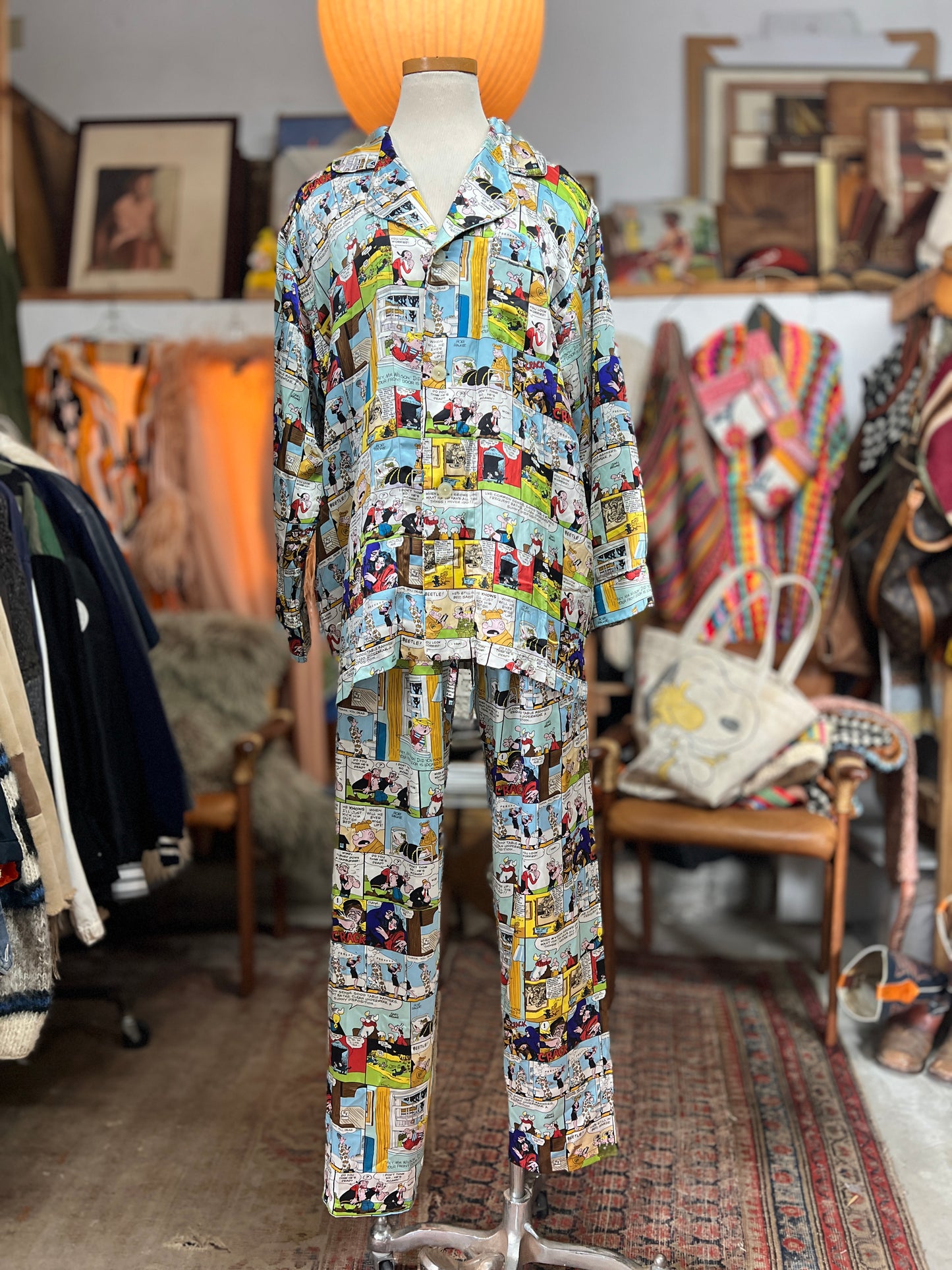 RARE SET Vintage Universal Studios Sunday Comic Silk Mens Pajamas L