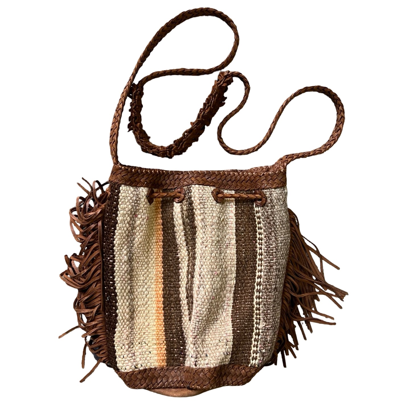 RARE Early Enshalla One Of A Kind Beaded Leather, Textile & Fringe Braided Strap Crossbody Bag