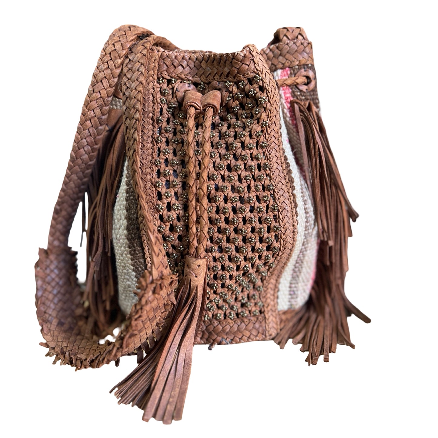 RARE Early Enshalla One Of A Kind Beaded Leather, Textile & Fringe Braided Strap Crossbody Bag