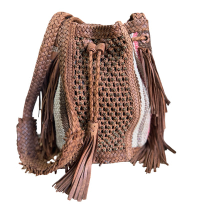 RARE Early Enshalla One Of A Kind Beaded Leather, Textile & Fringe Braided Strap Crossbody Bag