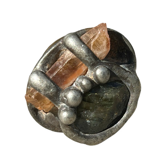Signed Mikal Winn 2012 Crystal Stone Mixed Metal Brutalist Ring Size 7