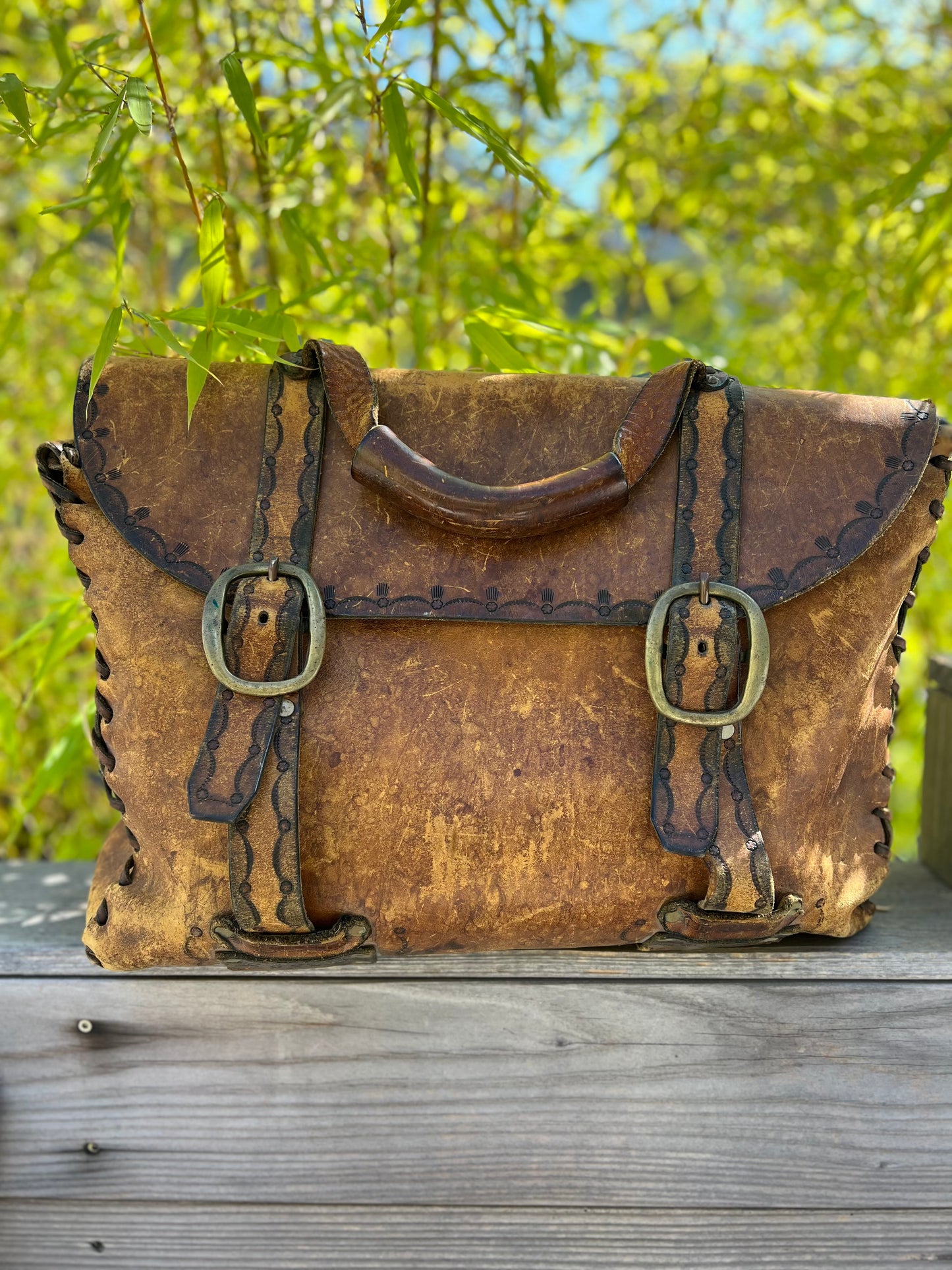 Vintage 70’s Large Handmade Tooled Leather Satchel Brass Hardware
