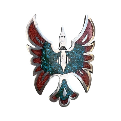 Huge Vintage Navajo Sterling Silver Turquoise & Coral Mosaic Inlay Thunderbird Ring Size 9