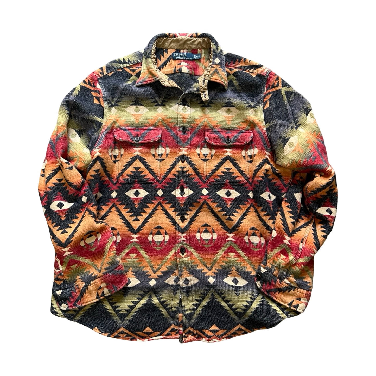RARE Vintage Polo Ralph Lauren Southwestern Aztec Oversized Tab Collar Heavyweight Flannel XXL