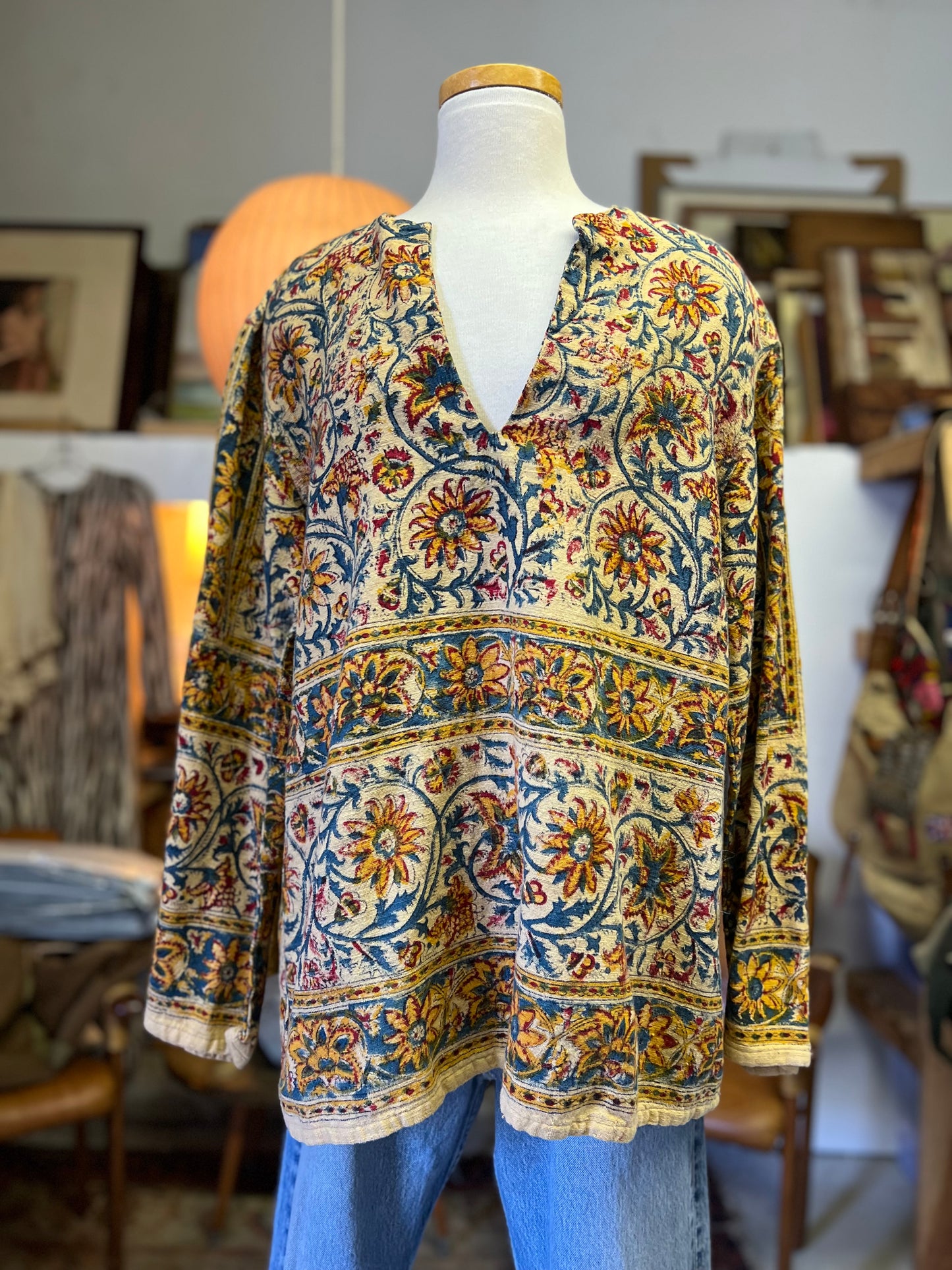 Vintage 70’s Men’s Block Print Bell Sleeve Tunic Cotton Gauze Bohemian L