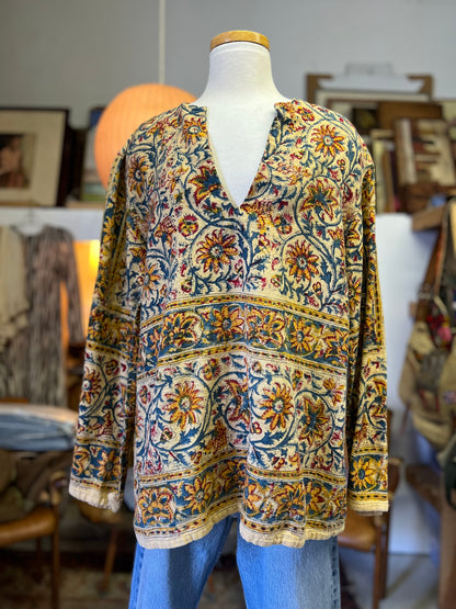 Vintage 70’s Men’s Block Print Bell Sleeve Tunic Cotton Gauze Bohemian L