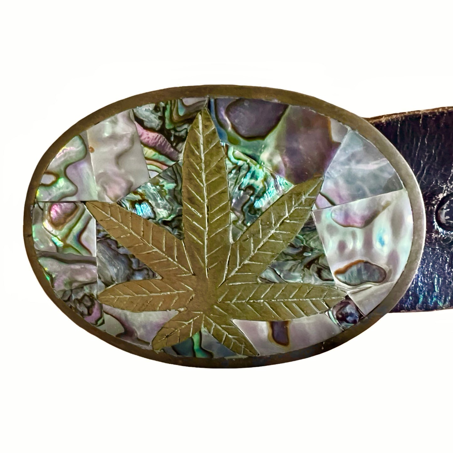 Vintage Abalone Inlay Weed Leaf Brass Buckle w Belt