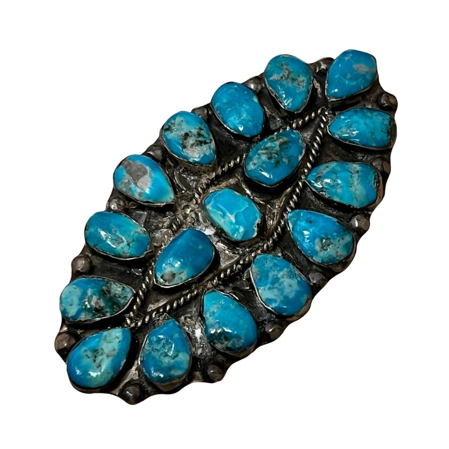 Rare Huge Vintage Navajo Kingman Turquoise 17 Stone Sterling Brooch