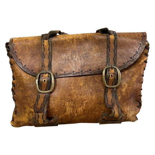 Vintage 70’s Large Handmade Tooled Leather Satchel Brass Hardware