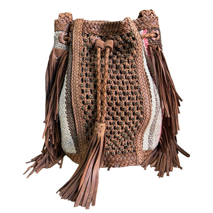 RARE Early Enshalla One Of A Kind Beaded Leather, Textile & Fringe Braided Strap Crossbody Bag