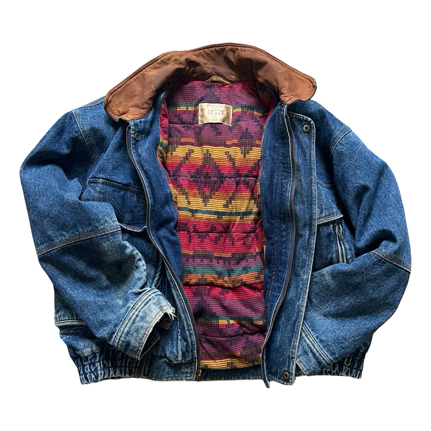 Rare Vintage 80’s Levi’s Denim Aztec Flannel Lined Bomber Jacket L/XL