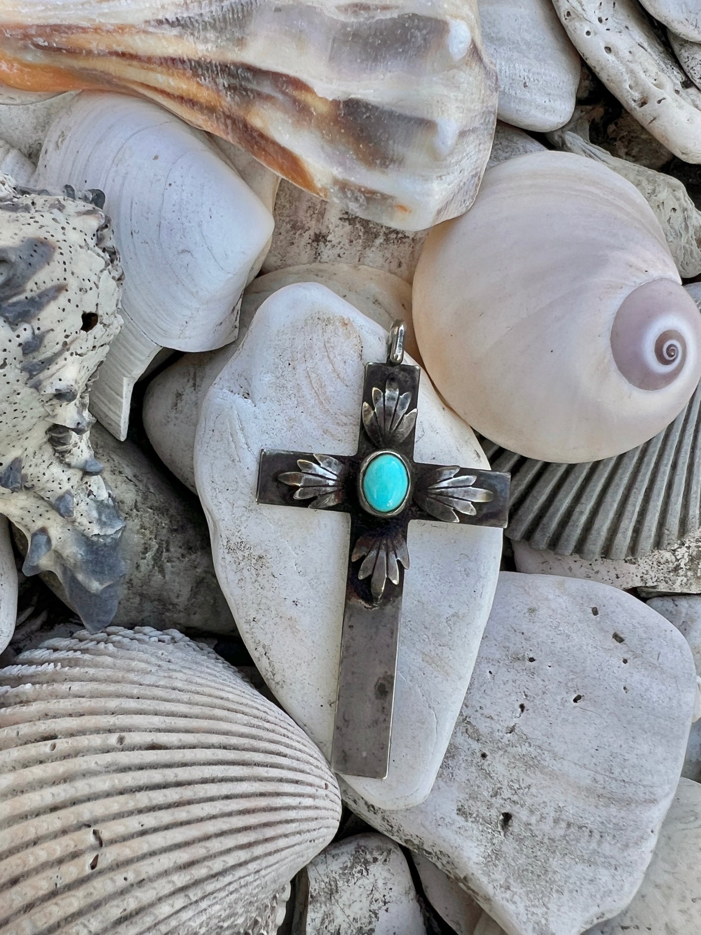 Vintage Navajo Oxidized Sterling Silver & Turquoise Cross Pendant