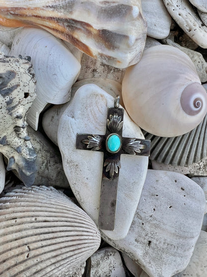 Vintage Navajo Oxidized Sterling Silver & Turquoise Cross Pendant