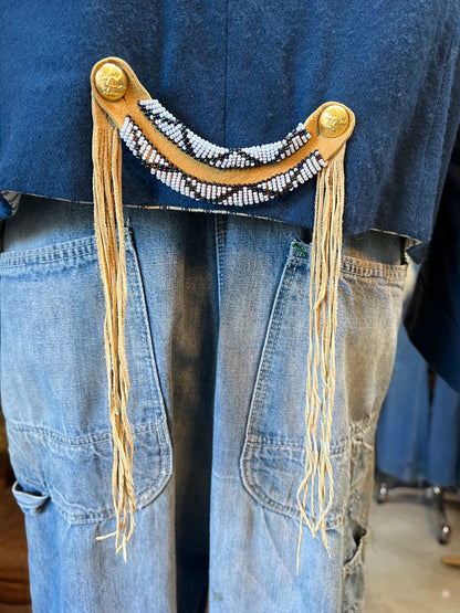 Vintage Cropped Military Jacket French Ticking Lined Seed Bead & Fringe Adornment