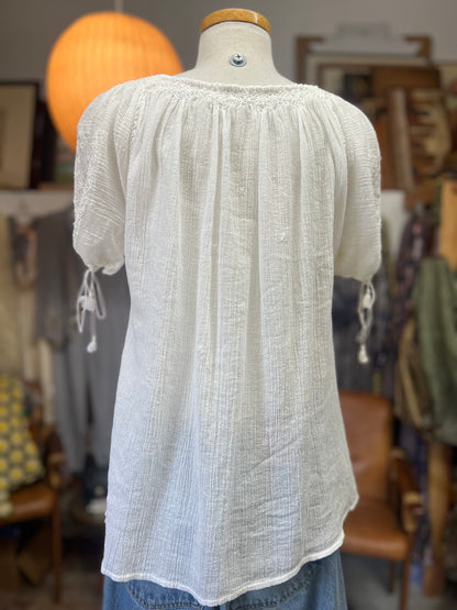 Vintage 60’s Romanian Embroidered Pintuck Smocked Gauze Top S/M