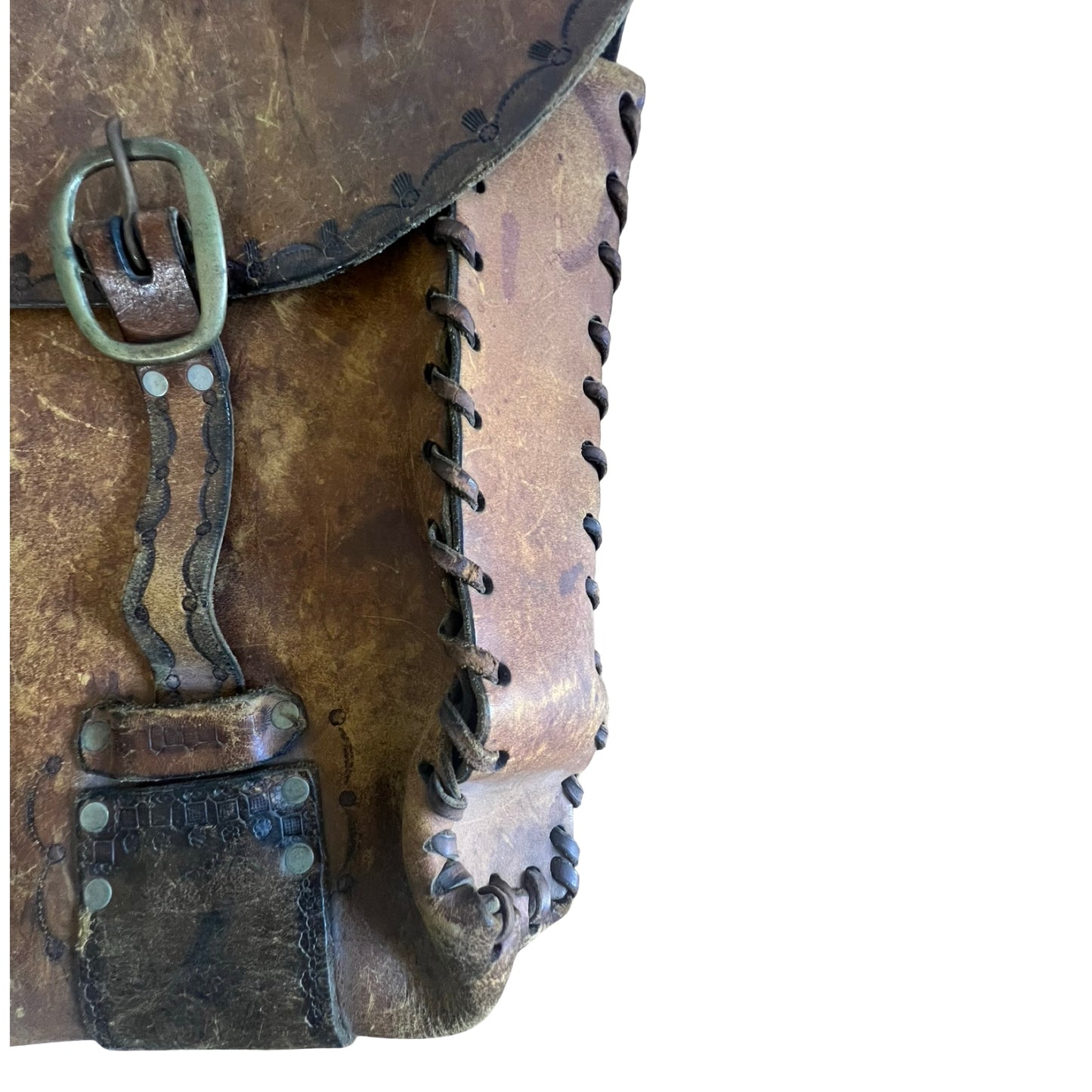 Vintage 70’s Large Handmade Tooled Leather Satchel Brass Hardware