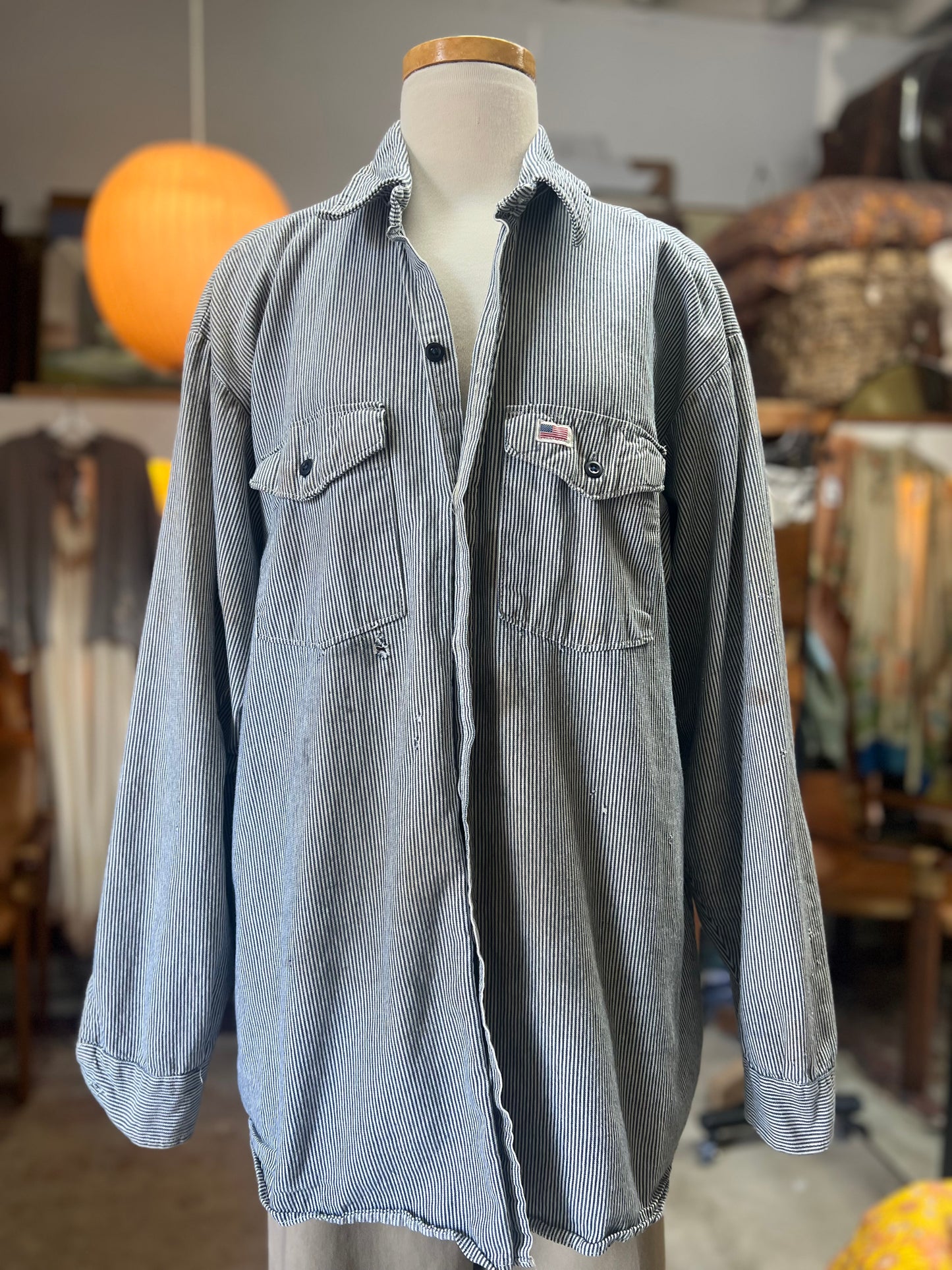 Vintage Heavily Distressed Hickory Stripe Work Shirt XL/XXL