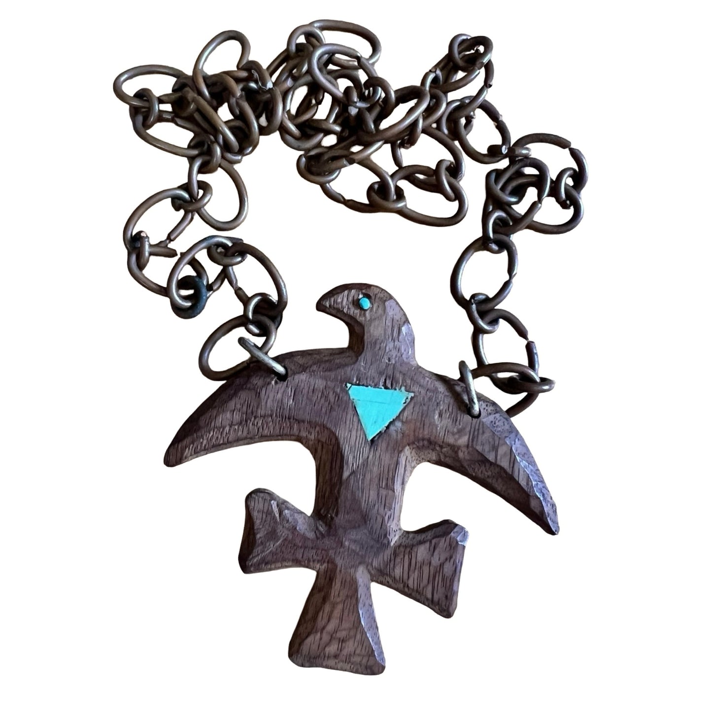 Vintage Hand Carved Wood, Turquoise &  Copper Thunderbird Necklace