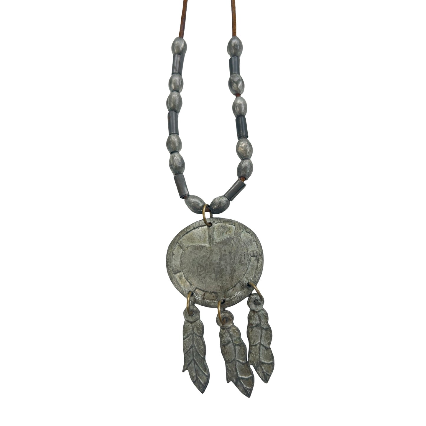 Vintage Navajo Silver & Leather Dream Catcher Necklace