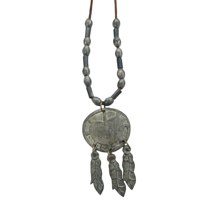 Vintage Navajo Silver & Leather Dream Catcher Necklace
