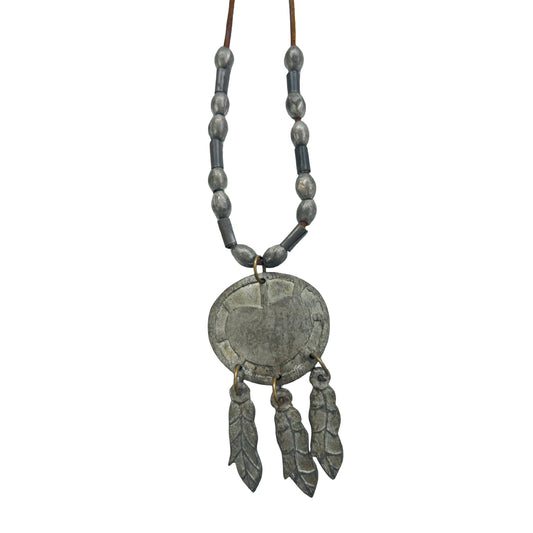 Vintage Navajo Silver & Leather Dream Catcher Necklace
