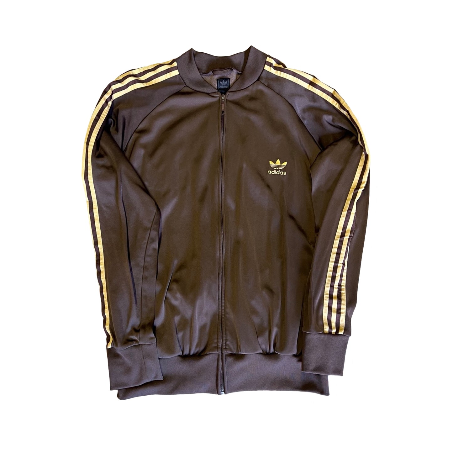 Vintage 90’s Adidas Trefoil Warmup Track Jacket Brown & Gold 3 Stripe Zip Front XL