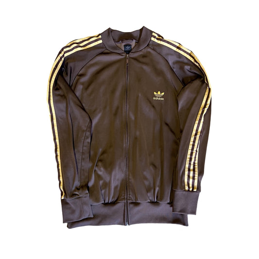 Vintage 90’s Adidas Trefoil Warmup Track Jacket Brown & Gold 3 Stripe Zip Front XL