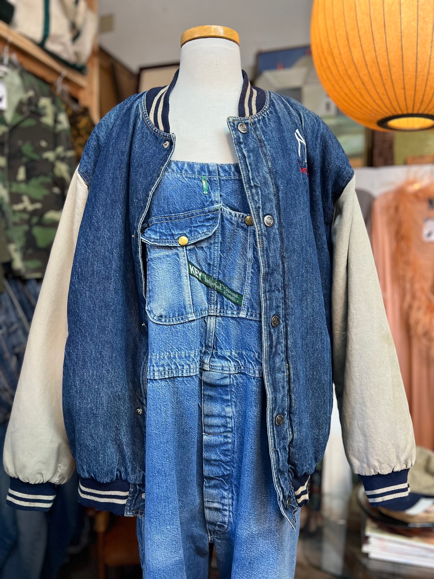 Vintage 80’s Adidas X Yankees Distressed Denim Varsity Jacket XL