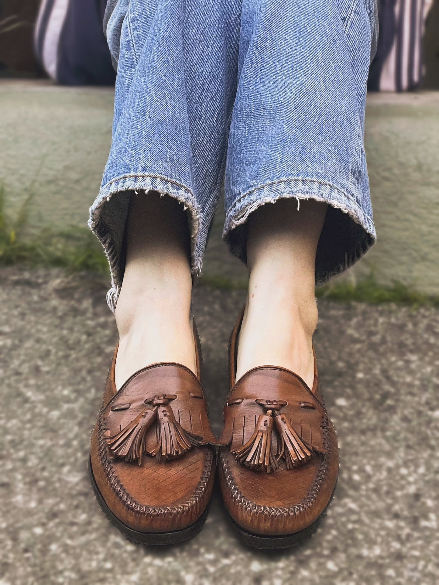 Vintage Bragano Distressed Woven Leather Tassel Loafers Made In Italy Men’s 7.5