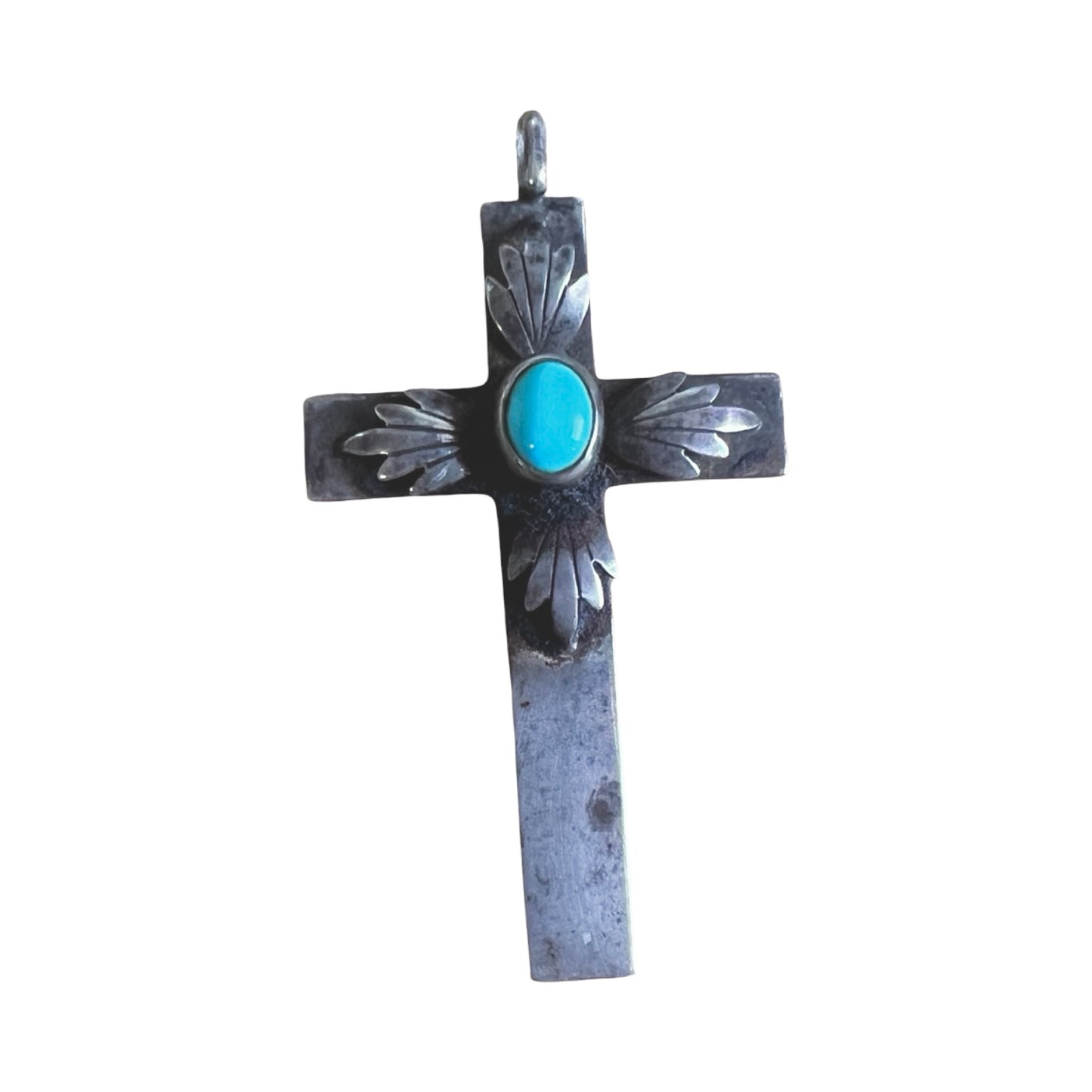 Vintage Navajo Oxidized Sterling Silver & Turquoise Cross Pendant