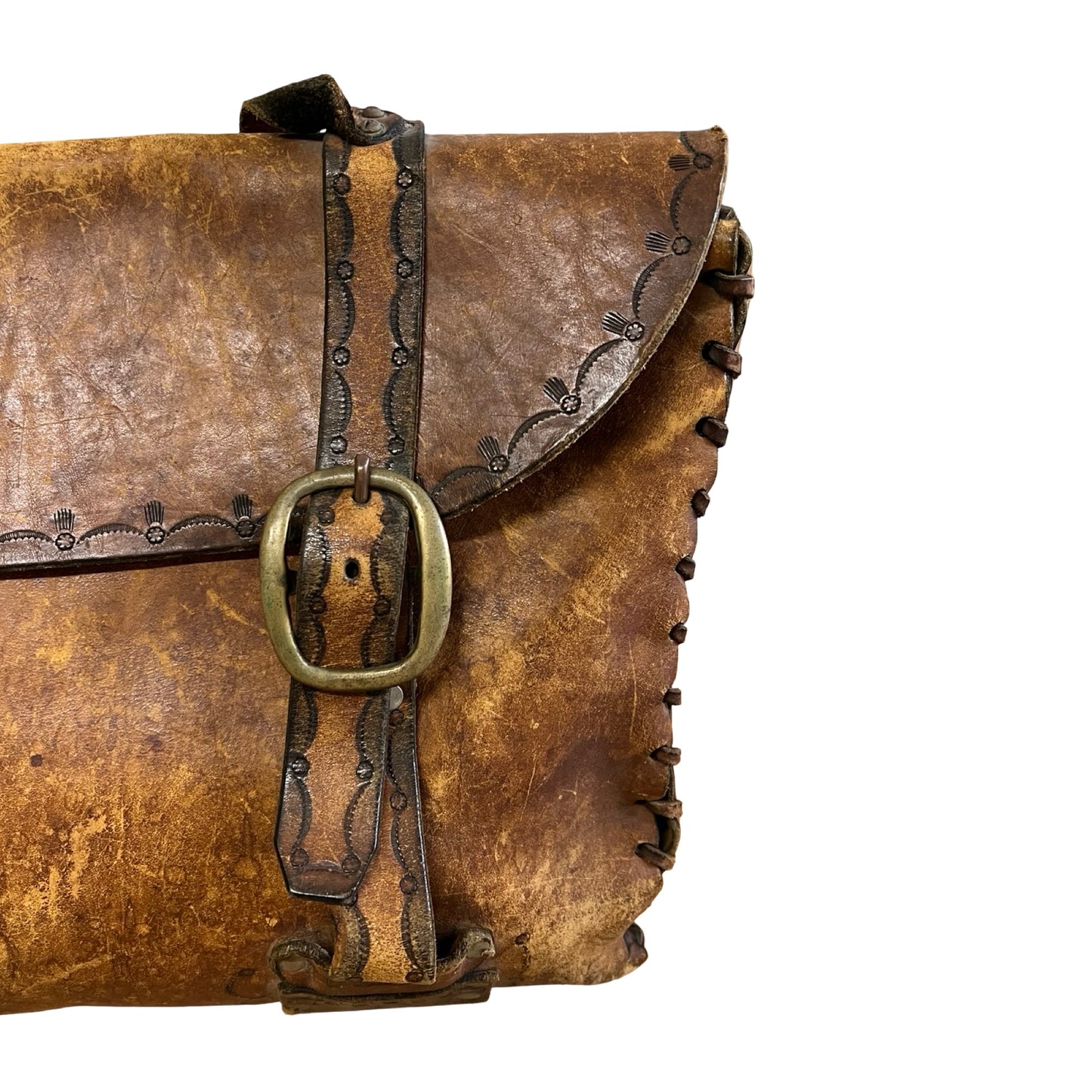 Vintage 70’s Large Handmade Tooled Leather Satchel Brass Hardware