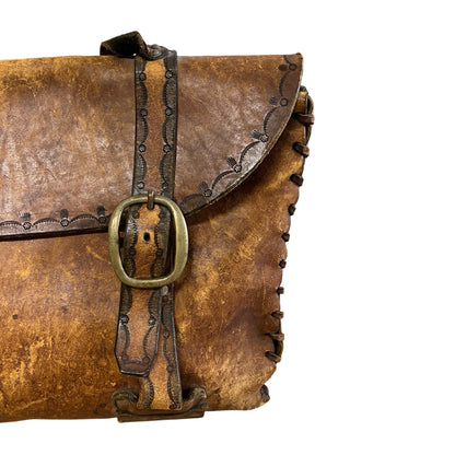 Vintage 70’s Large Handmade Tooled Leather Satchel Brass Hardware