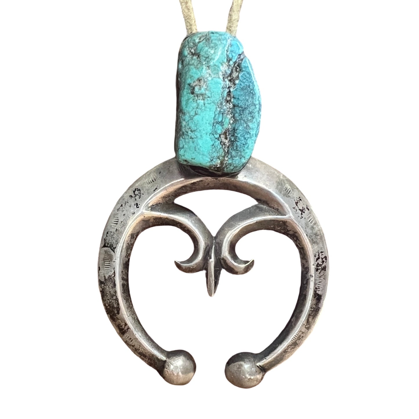 Huge 3.5” Vintage Navajo
Sandcast Sterling Silver & Turquoise Naja Pendant 47g