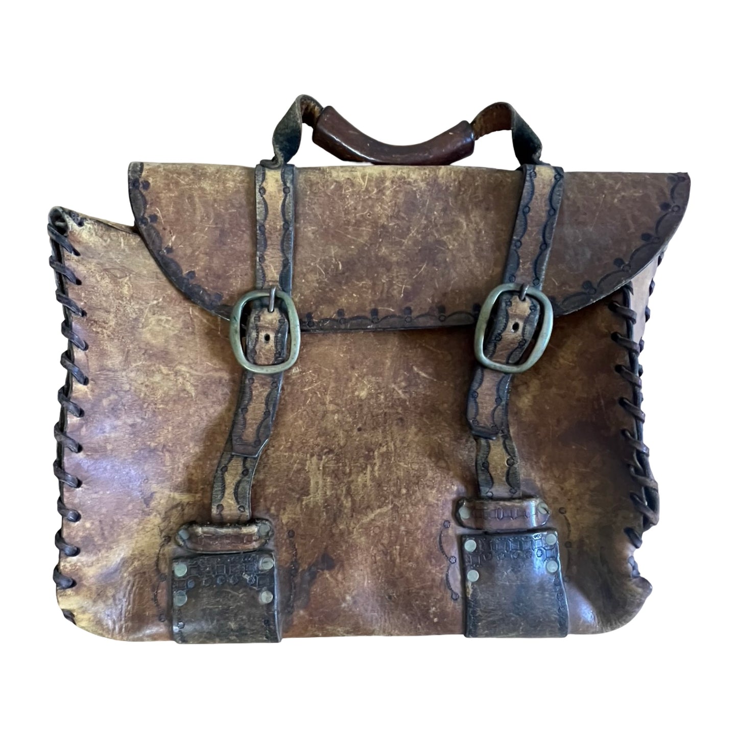 Vintage 70’s Large Handmade Tooled Leather Satchel Brass Hardware
