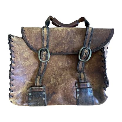 Vintage 70’s Large Handmade Tooled Leather Satchel Brass Hardware