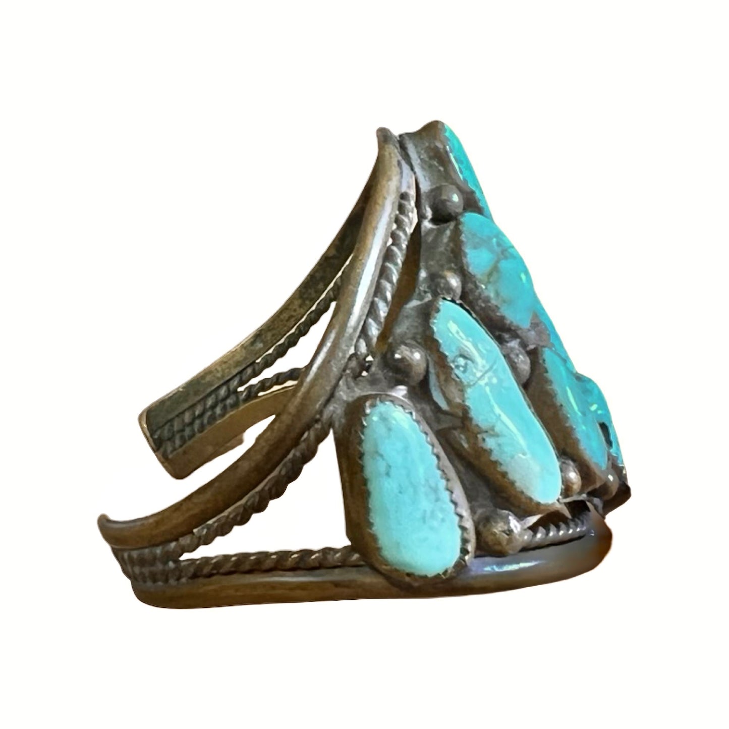 RARE Vintage Navajo Brass & Turquoise Cluster Cuff Hallmark DD