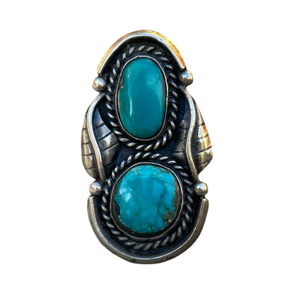 Vintage Large Navajo Turquoise Sterling Silver Two Stone Feather Ring 6.75