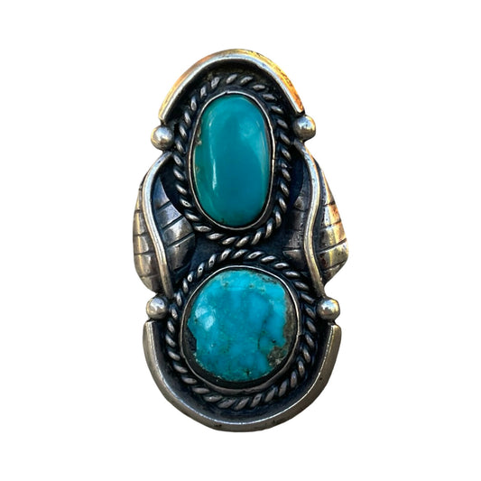 Vintage Large Navajo Turquoise Sterling Silver Two Stone Feather Ring 6.75
