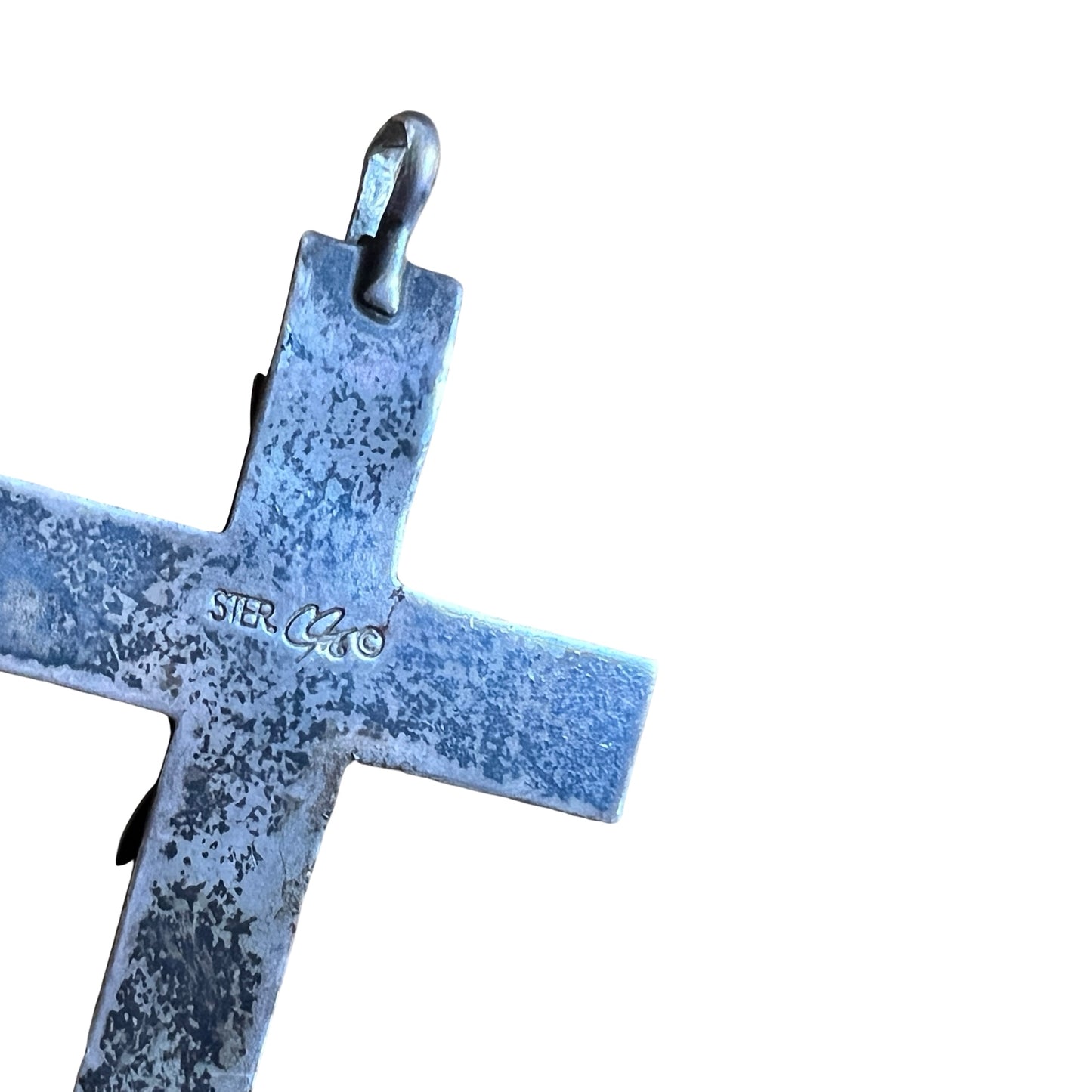 Vintage Navajo Oxidized Sterling Silver & Turquoise Cross Pendant