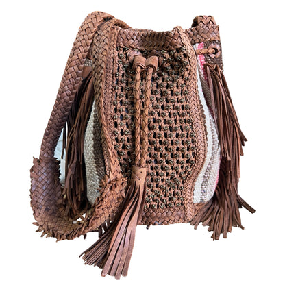 RARE Early Enshalla One Of A Kind Beaded Leather, Textile & Fringe Braided Strap Crossbody Bag