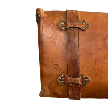 Vintage 70’s Handmade Tooled Leather Messenger Briefcase Brass Hardware