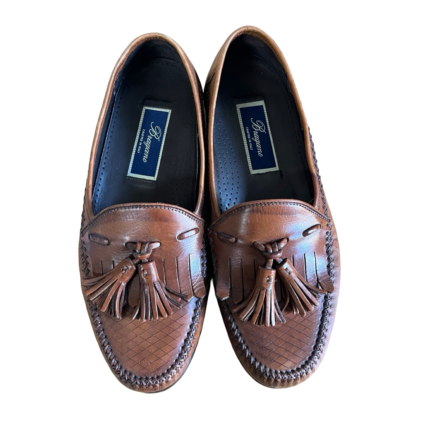 Vintage Bragano Distressed Woven Leather Tassel Loafers Made In Italy Men’s 7.5