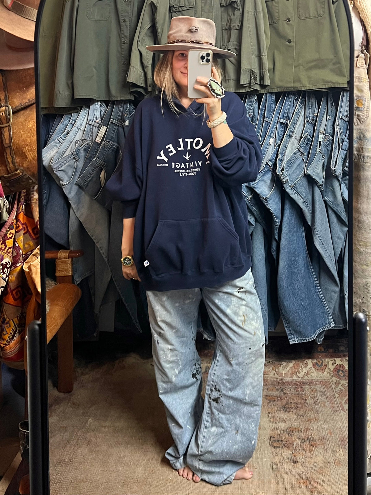 Vintage Oversized Distressed Navy Russell Hoodie w/ MV Logo 3XL #26