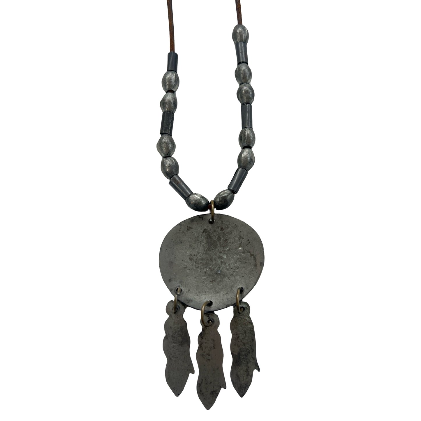 Vintage Navajo Silver & Leather Dream Catcher Necklace