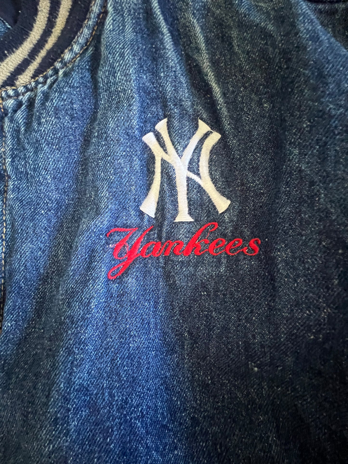 Vintage 80’s Adidas X Yankees Distressed Denim Varsity Jacket XL