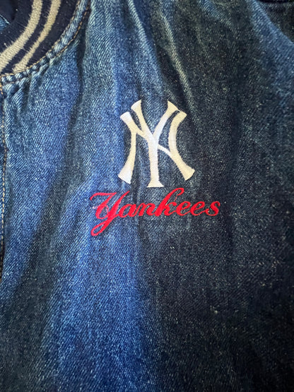 Vintage 80’s Adidas X Yankees Distressed Denim Varsity Jacket XL