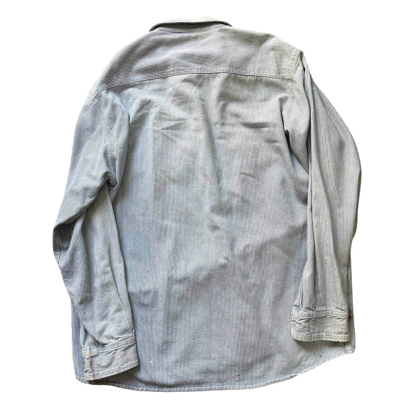 Vintage Hickory Striped Quarter Zip Denim Work Shirt Heavily Distressed XL