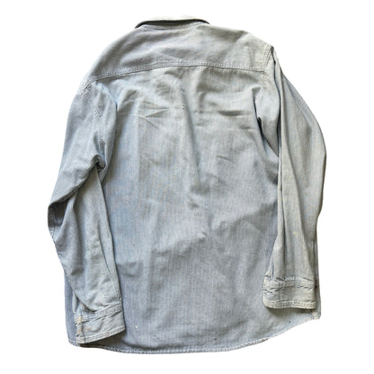 Vintage Hickory Striped Quarter Zip Denim Work Shirt Heavily Distressed XL